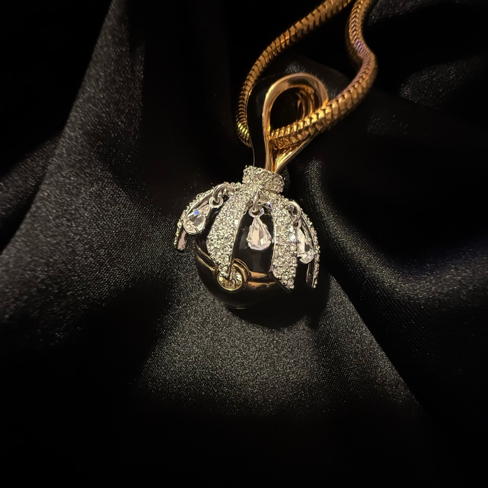 ❌SOLD❌Vintage Swarovski Ball Drop Black Dangle Clear Gold Rhinestone Pendant